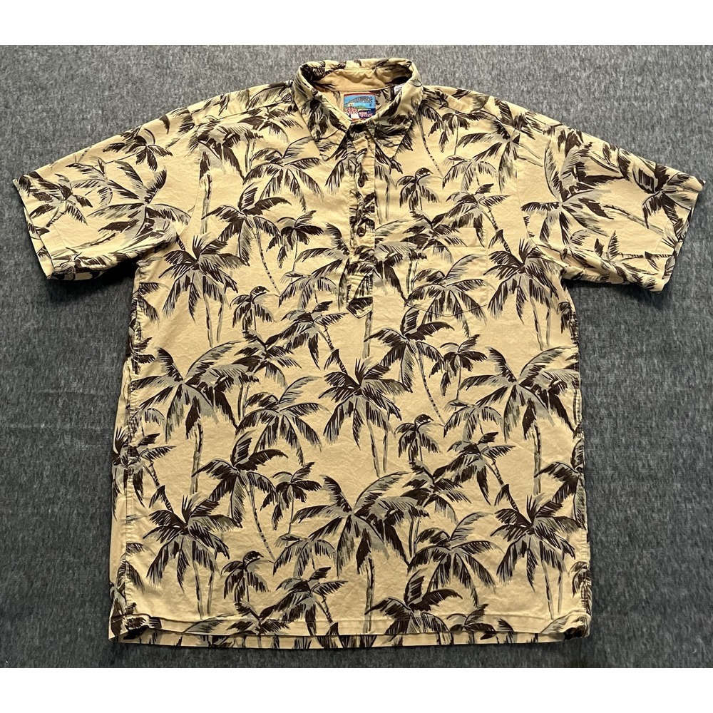 Reyn Spooner Shirt Adult Large Tall Tan Palm Trees Button Up Hawaiian